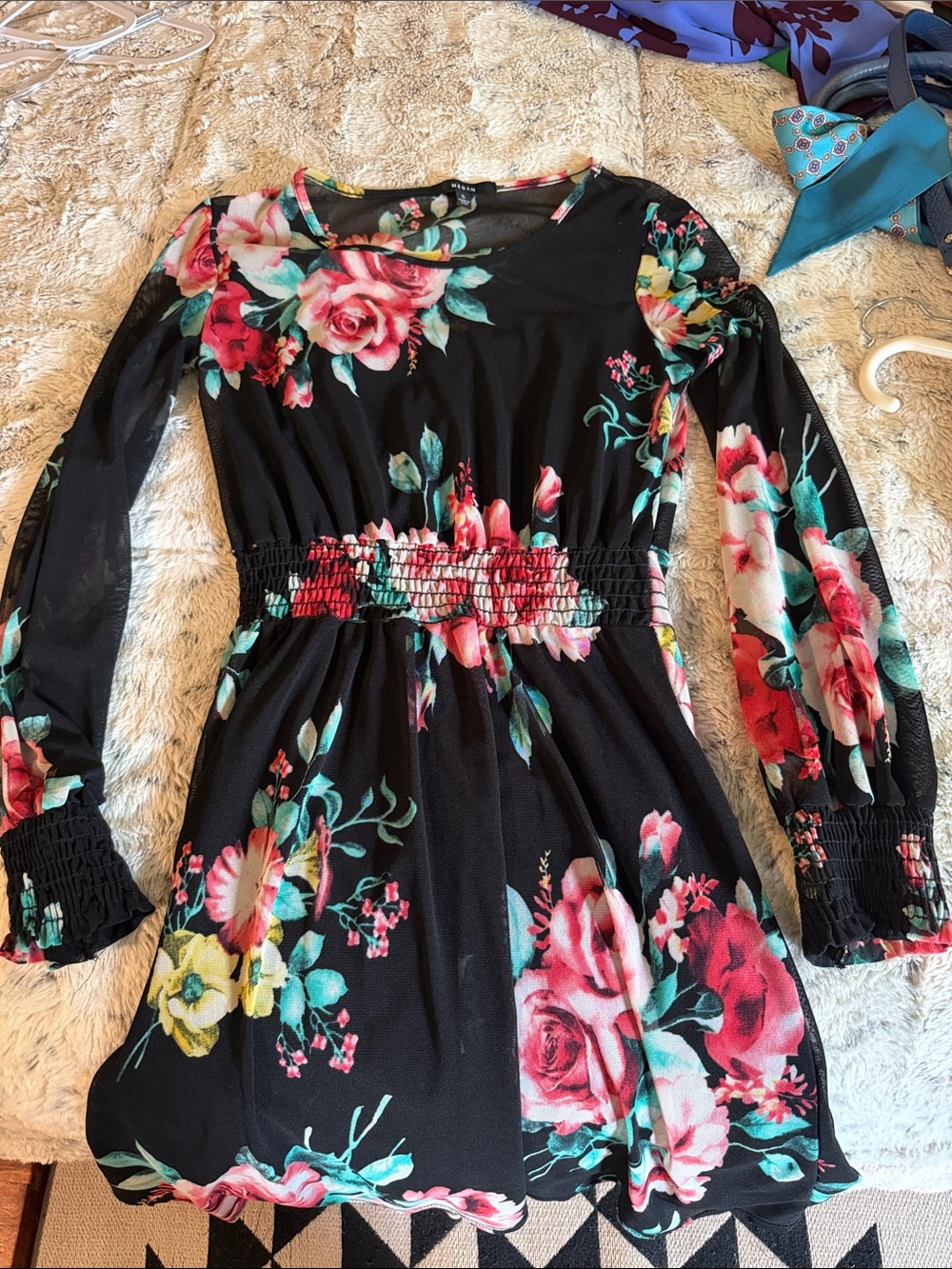 Meghan LA Black Floral Long-Sleeve Smocked-Waist Mini Dress